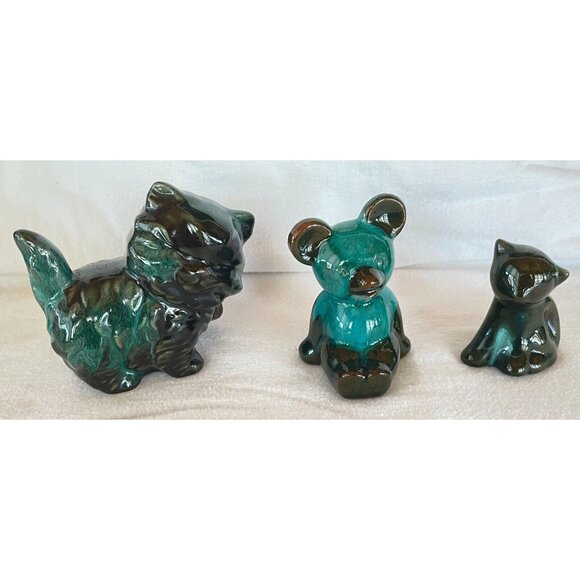 2 Cats & Teddy Bear BMP Style Clay Pottery Canada Teal Drip Glazed Cat Collector - Picture 1 of 10